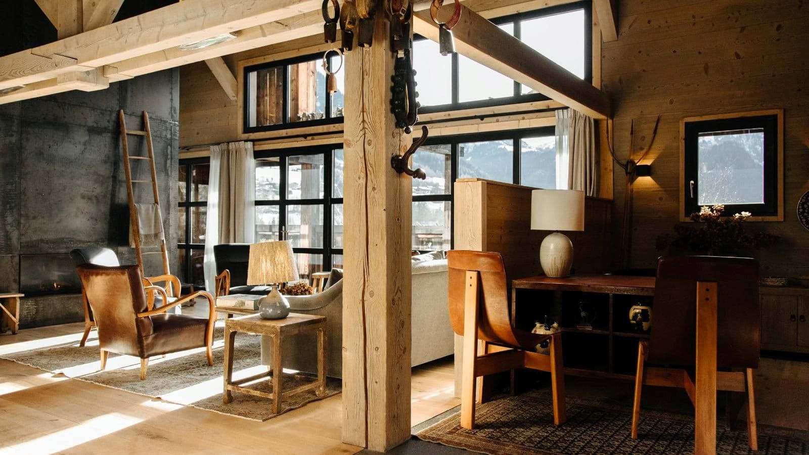 Open-plan living area with fireplace and dedicated workspace