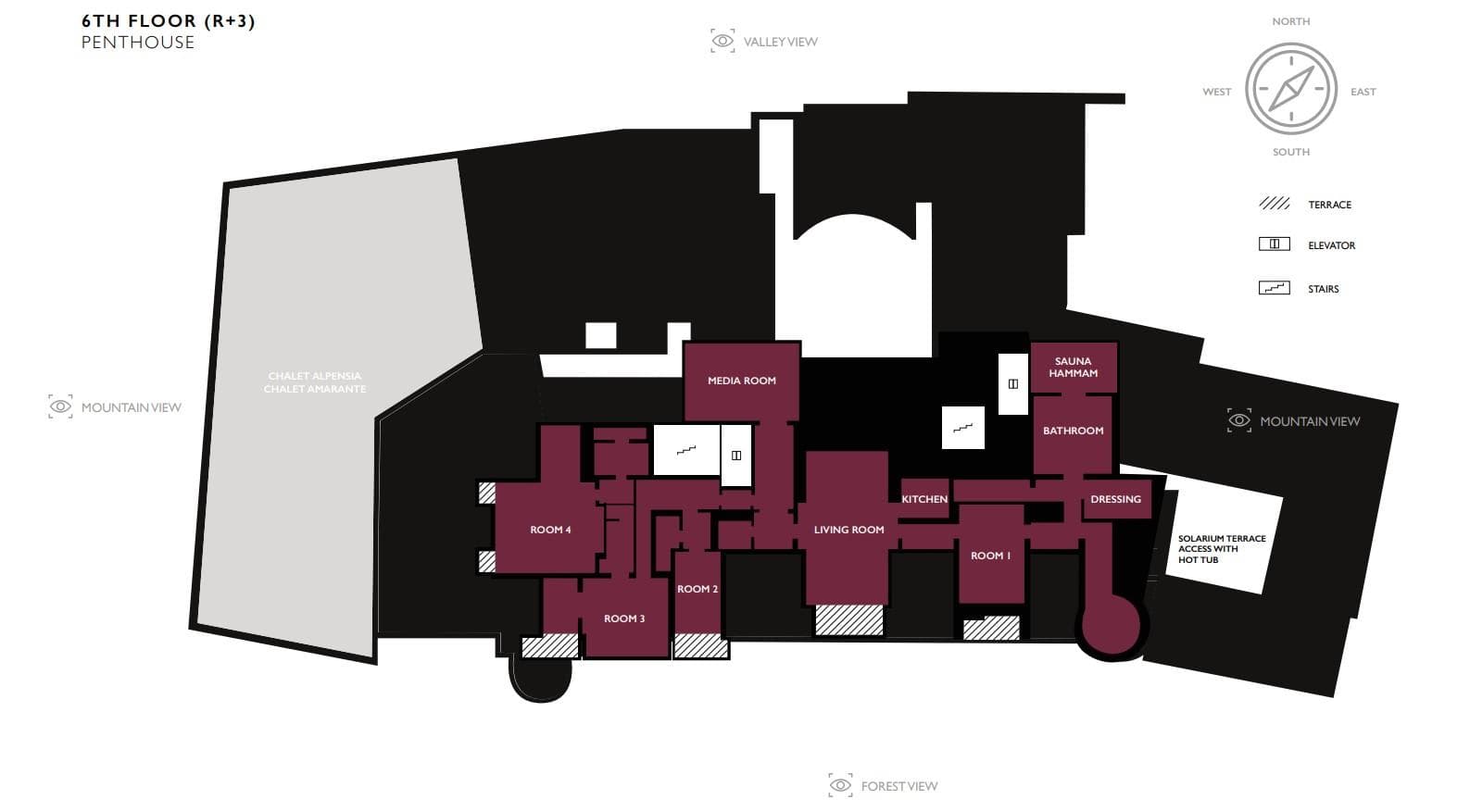 6th floor penthouse plan: four bedrooms, media room, sauna, and solarium with hot tub