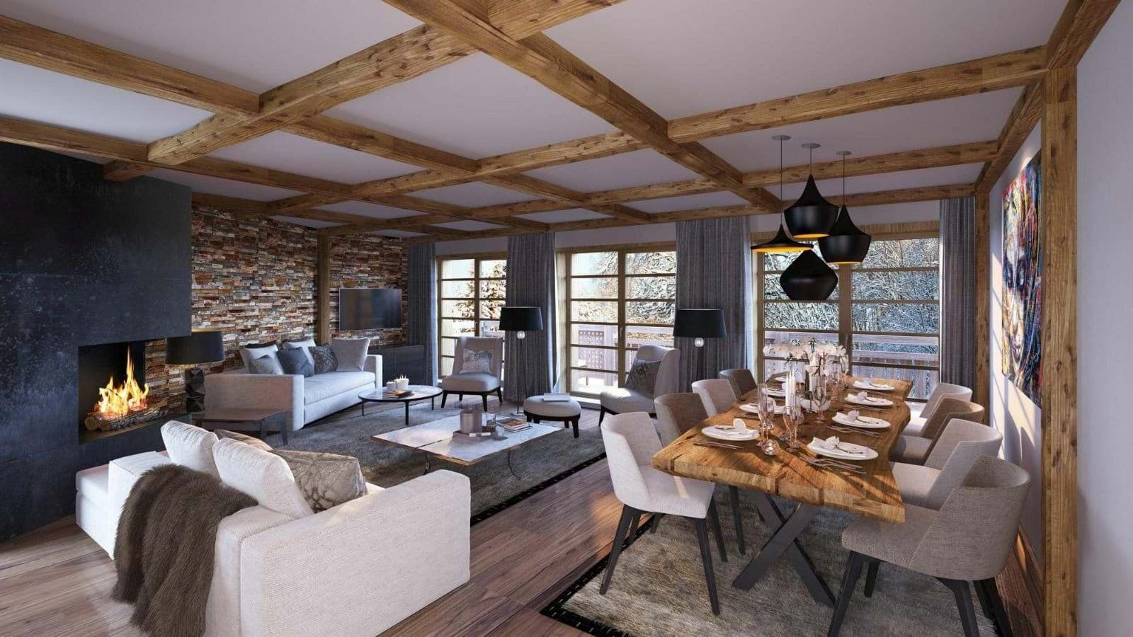 Open-plan living area with wood-burning fireplace and dining seating for 10