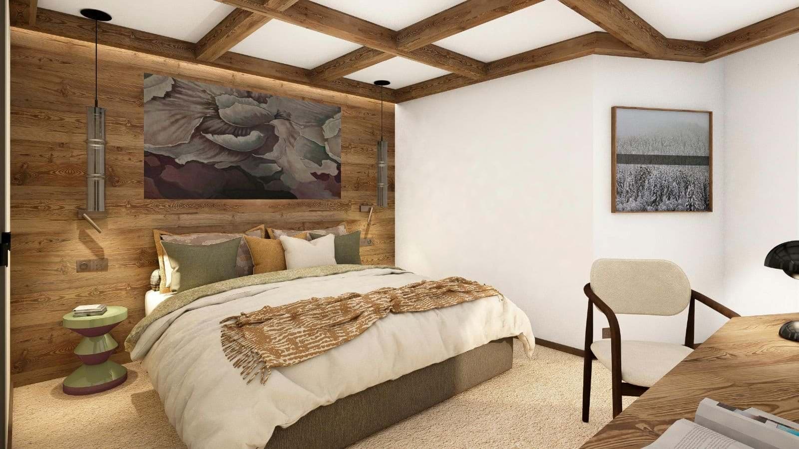 Guest bedroom with king bed and dedicated workspace desk