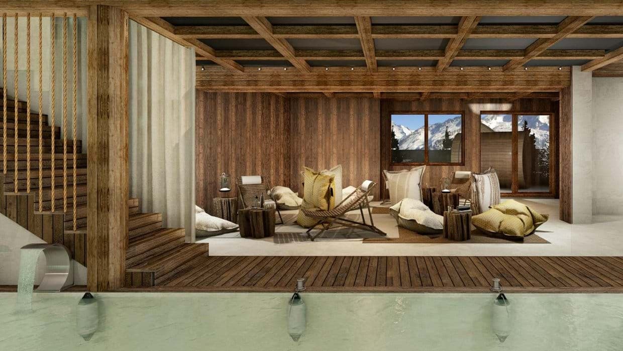 Indoor pool and lounge area with mountain views and beanbag seating