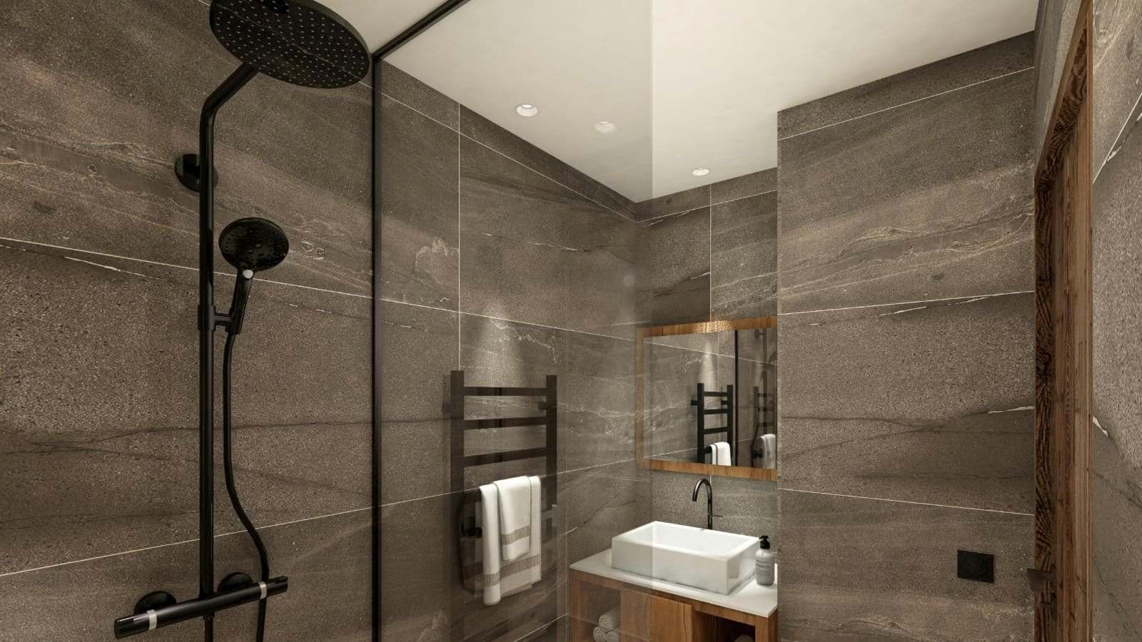 Bathroom with walk-in rainfall shower and heated towel rail