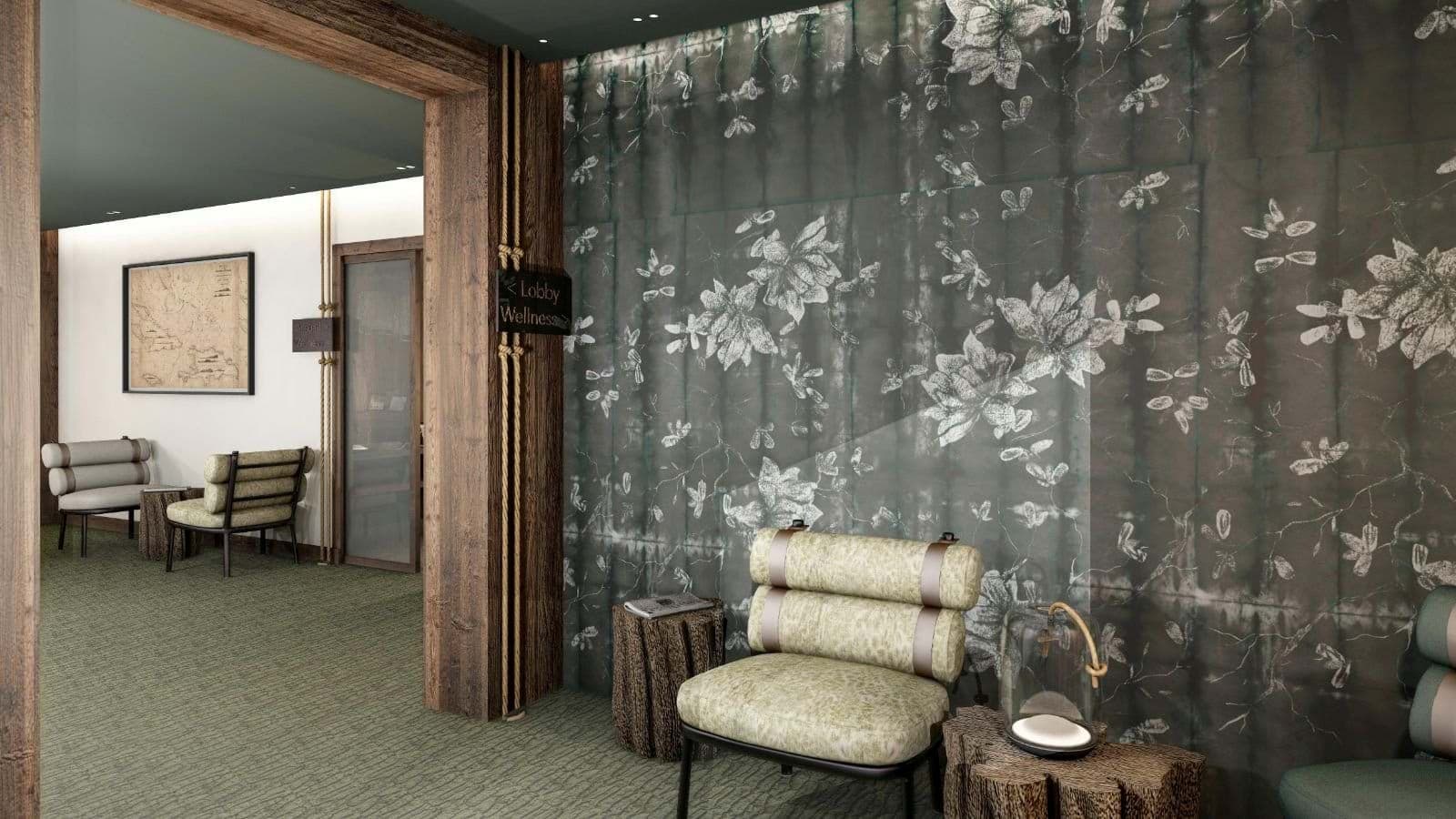 Wellness area lobby with lounge seating and floral mural