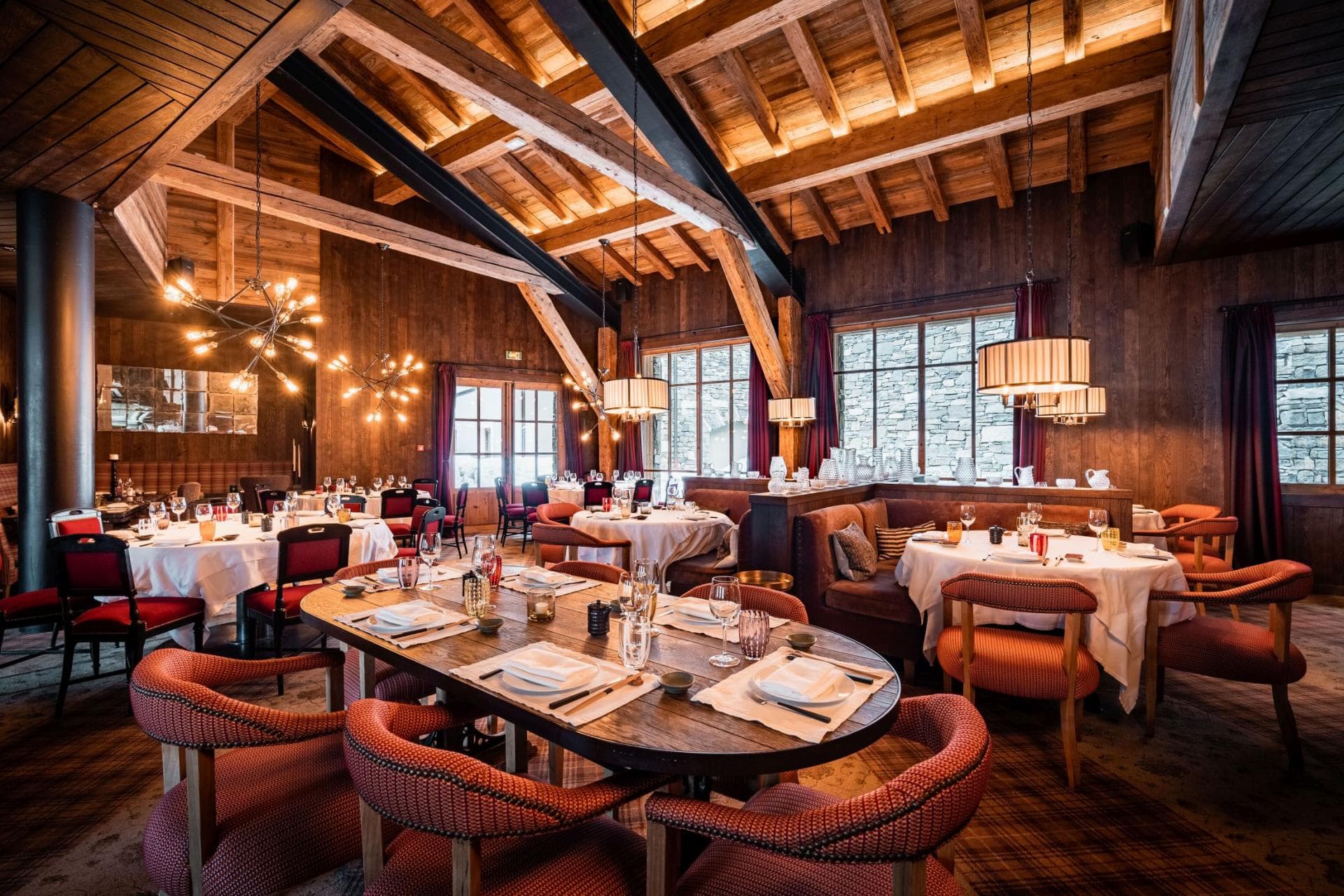 Dining room with vaulted timber ceilings and seating for large groups