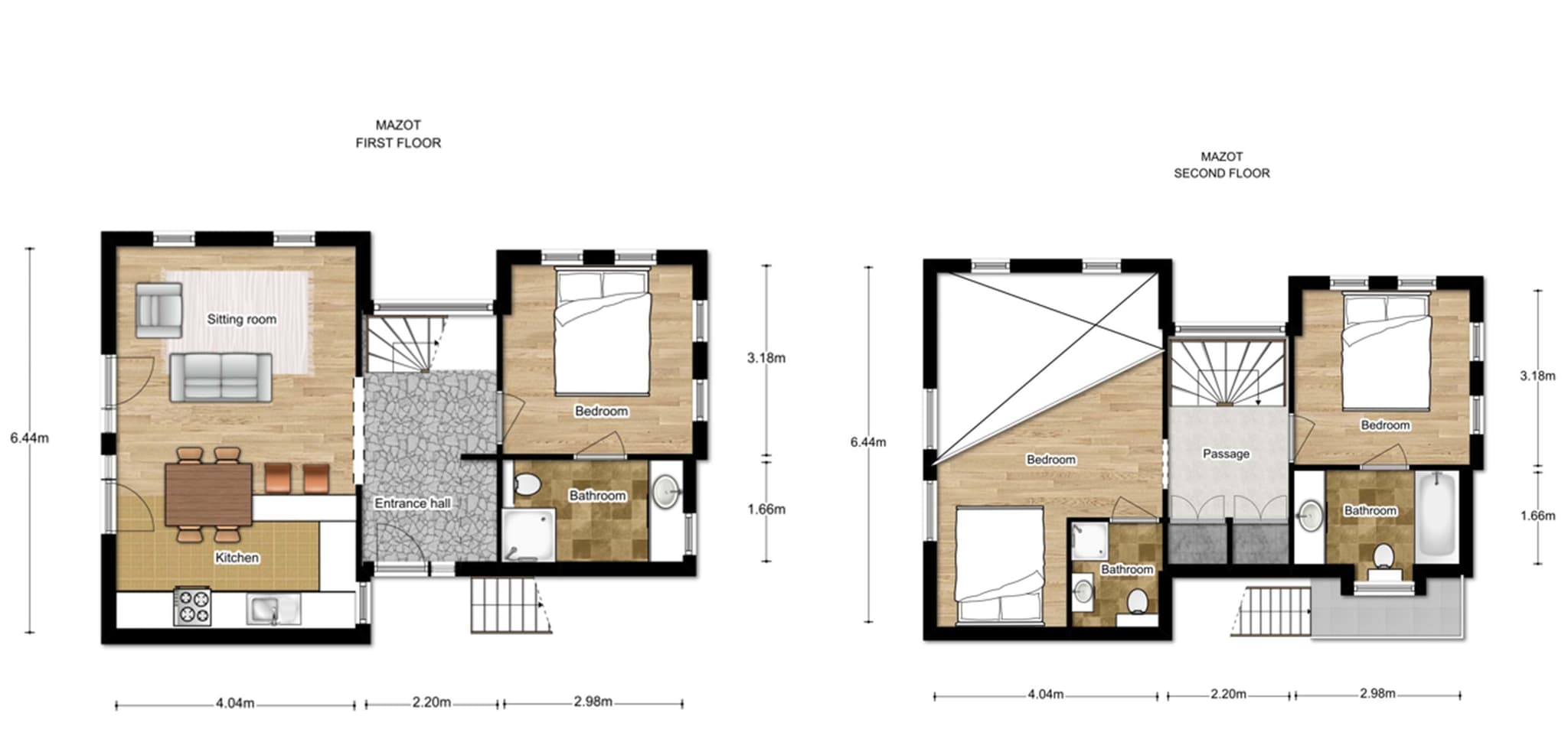 Floor plan: three bedrooms and three bathrooms across two levels