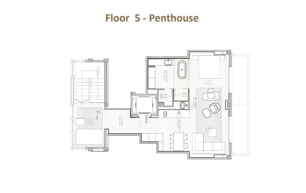 Penthouse floor plan: open bedroom, living area, kitchen, and large terrace