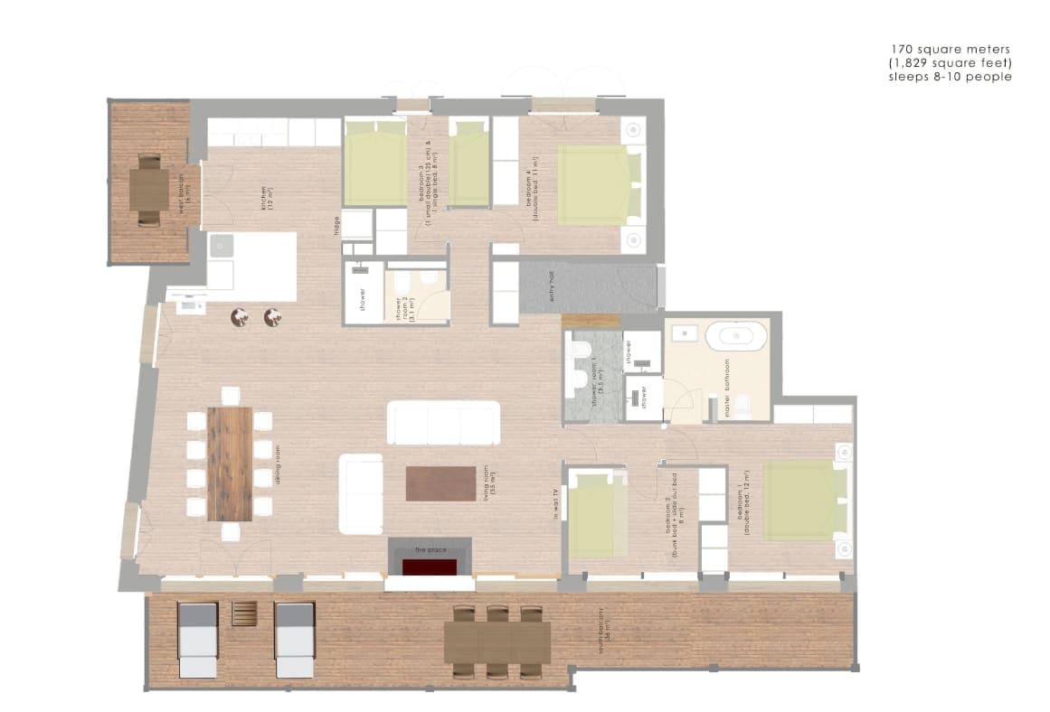 Floor plan: open living area, four bedrooms, and large south-facing balcony
