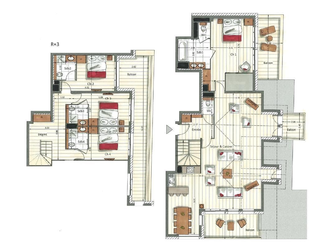 Two-level floor plan: four bedrooms, multiple balconies, and open-plan living area