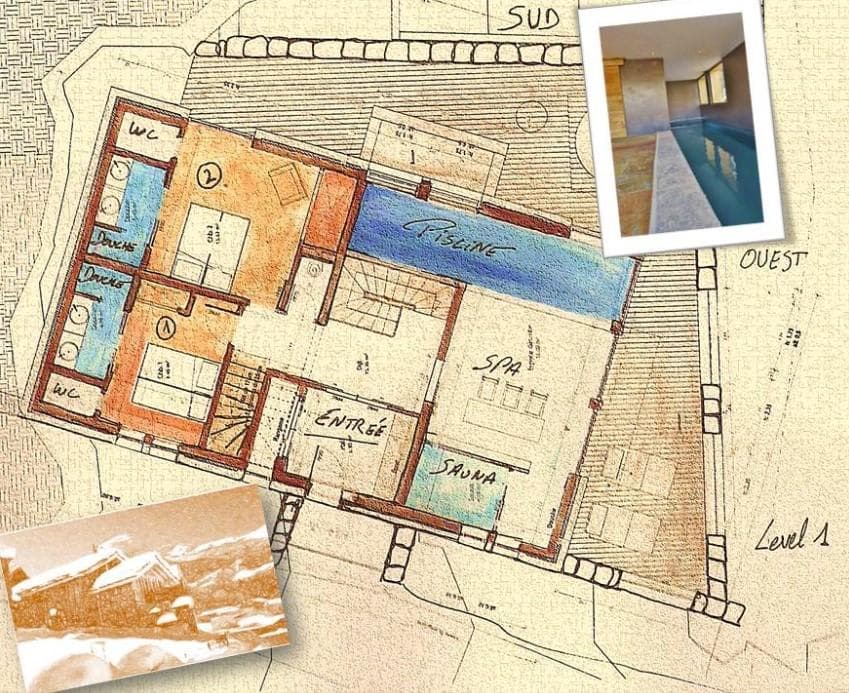 Level 1 floor plan: two ensuite bedrooms, indoor pool, sauna, and spa