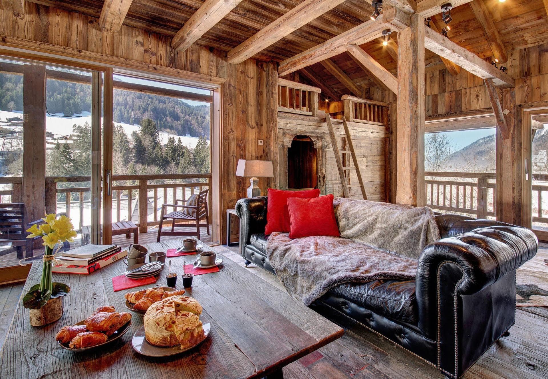 Living area with mountain views and ladder access to mezzanine loft
