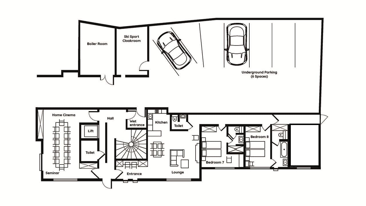 Lower floor plan: underground parking, cinema, two bedrooms, and ski cloakroom