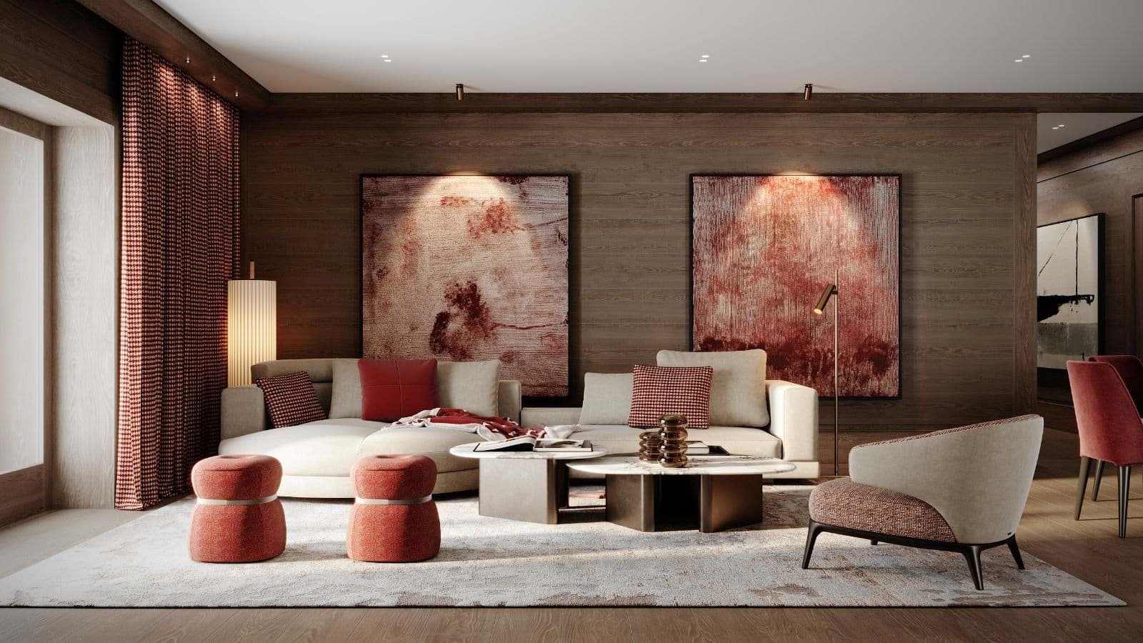 Living area with sectional seating and integrated spotlighting for artwork