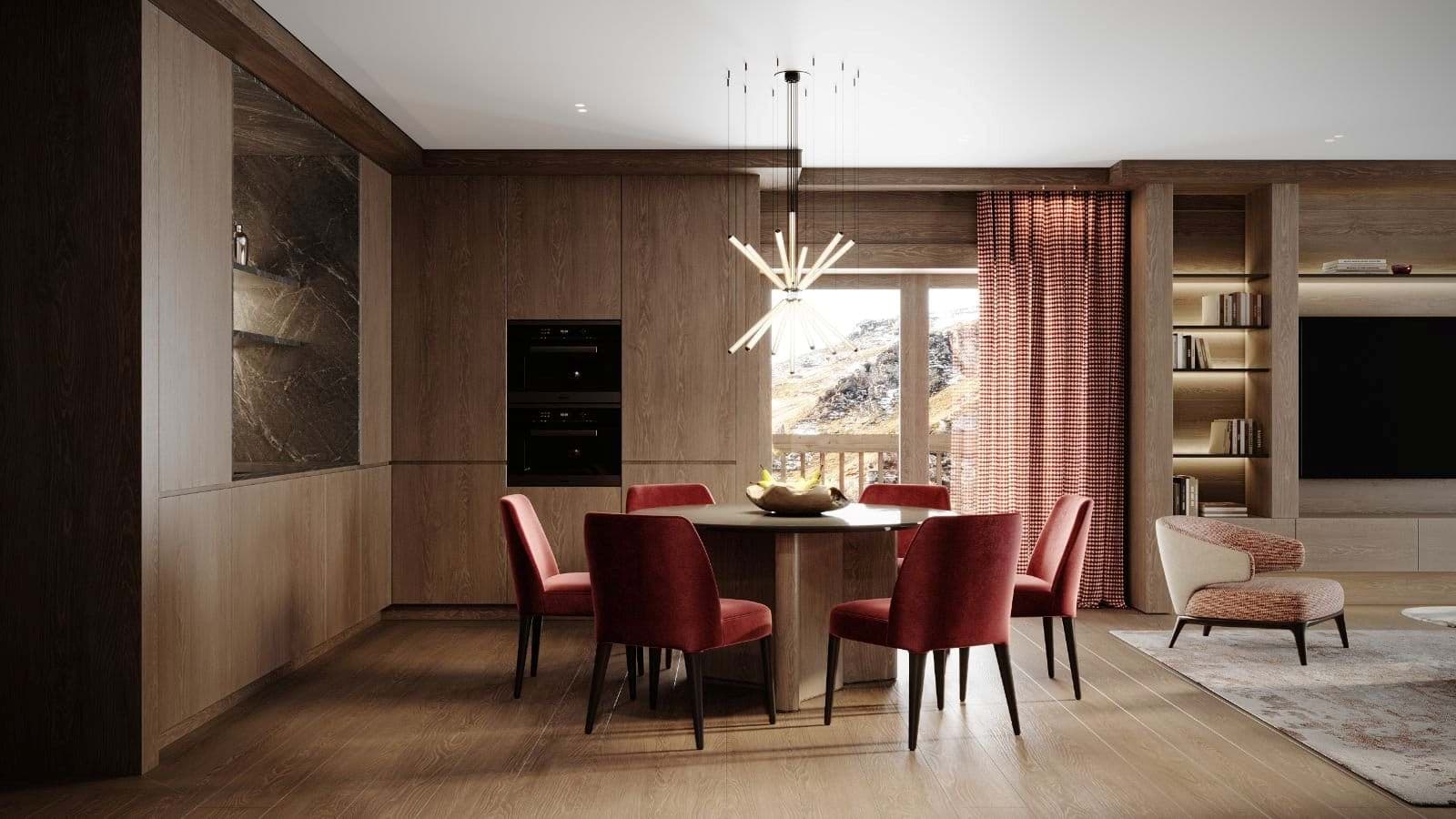 Dining area with seating for 6 and mountain-facing balcony access