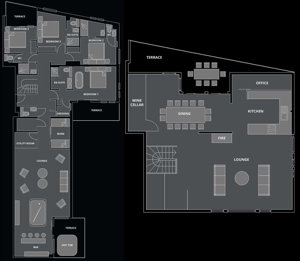 Floor plans: 5 bedrooms, bunk room, lounge with bar, and wine cellar