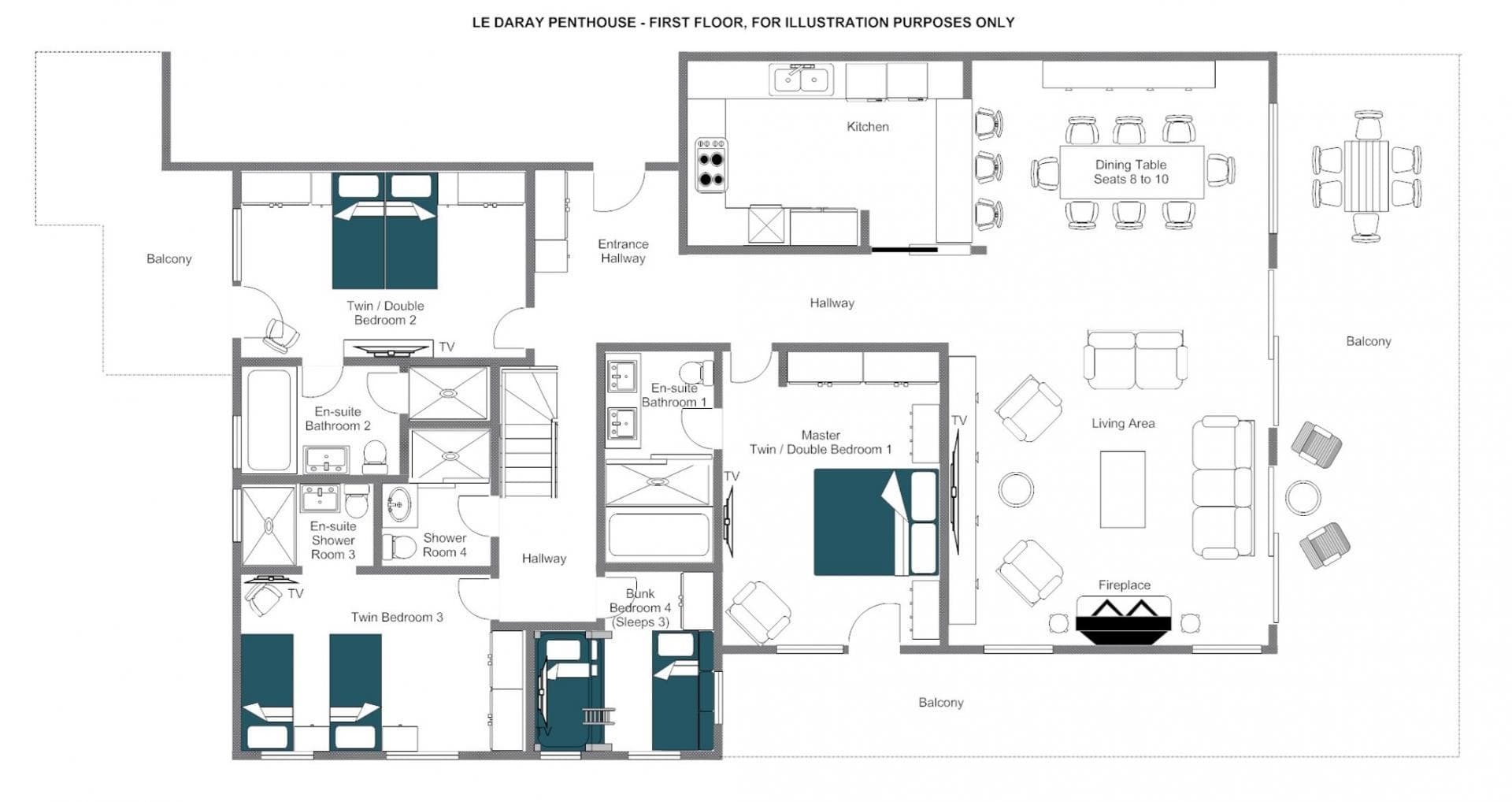 First floor plan: four en-suite bedrooms, open-plan living area, and wrap-around balconies