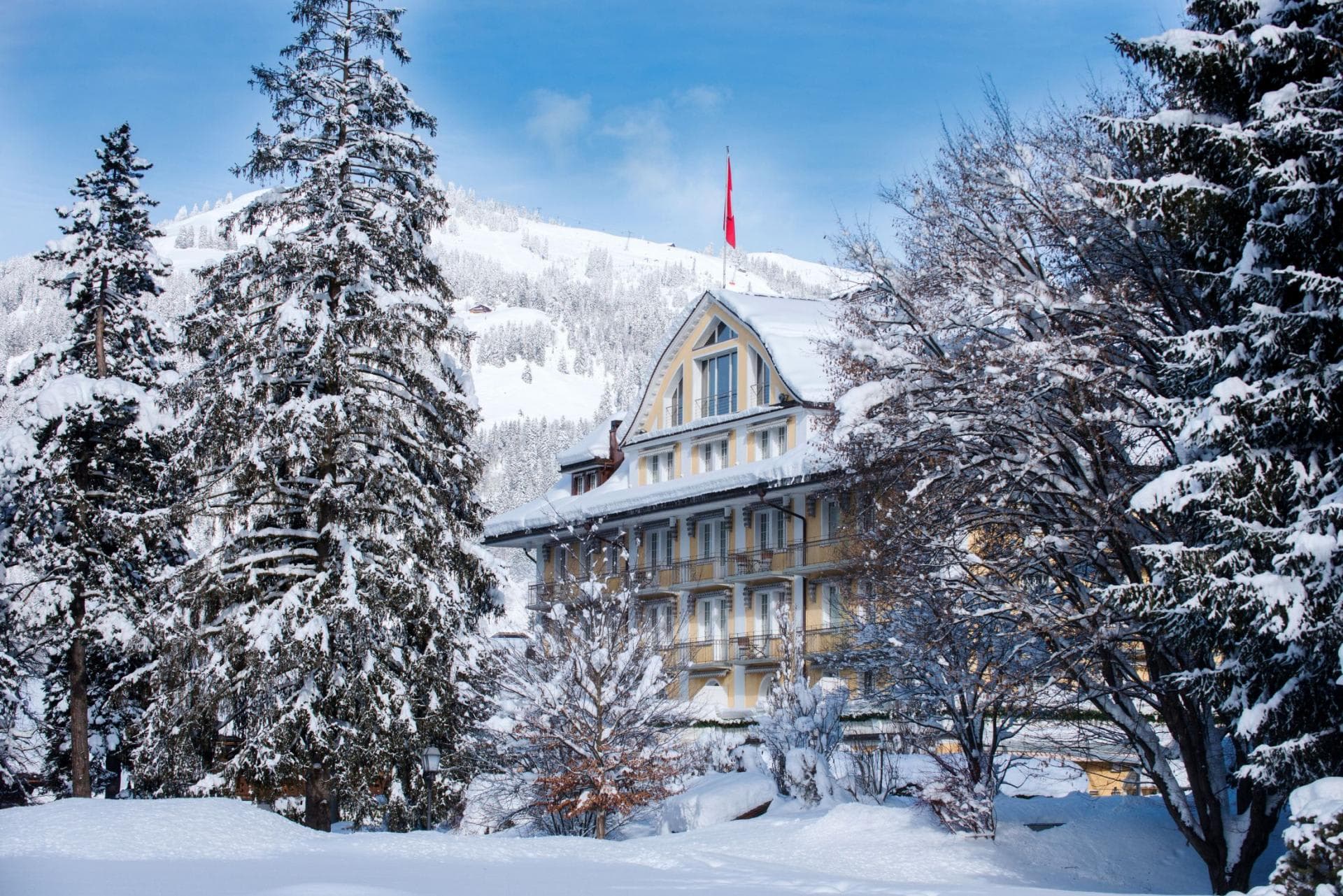 Ski-in/ski-out hotel exterior with private balconies and mountain views