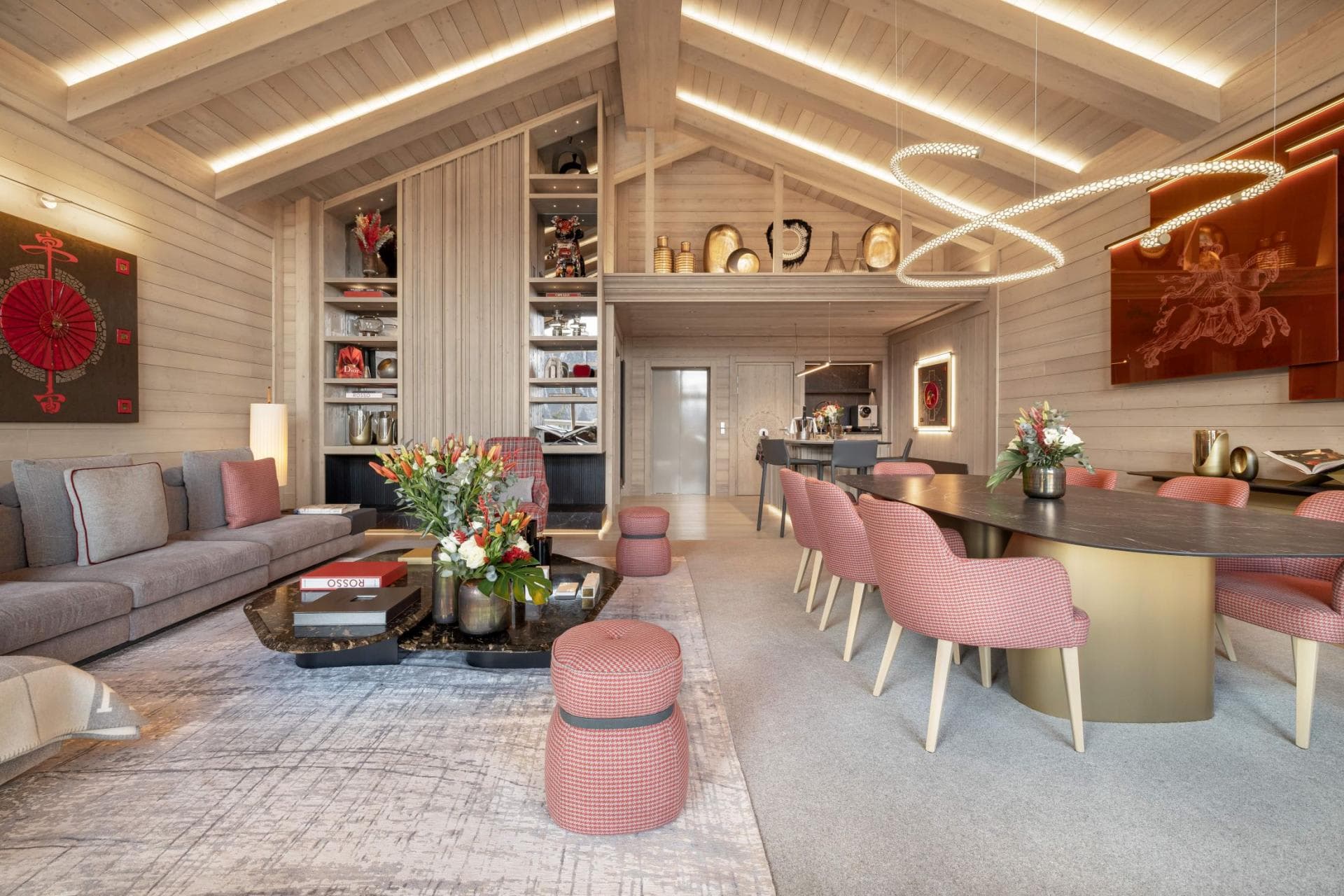 Open-plan living and dining area with private elevator access