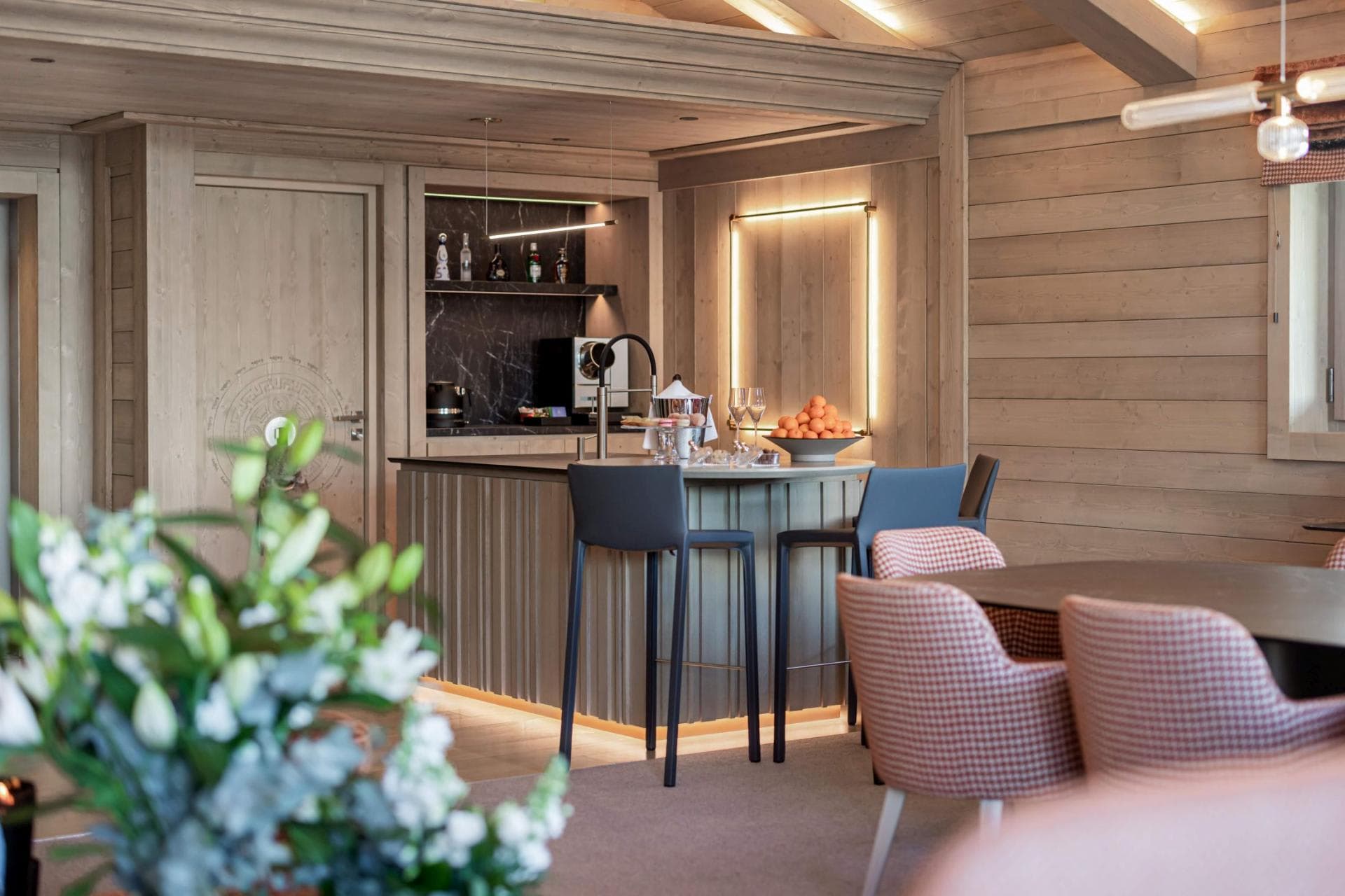 Kitchen island bar with seating for 3 and built-in espresso station