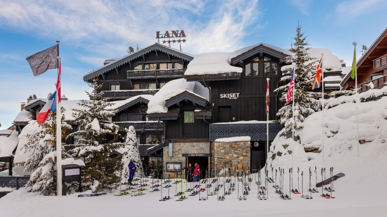 Ski-in/ski-out chalet exterior with dedicated on-site ski shop and equipment storage