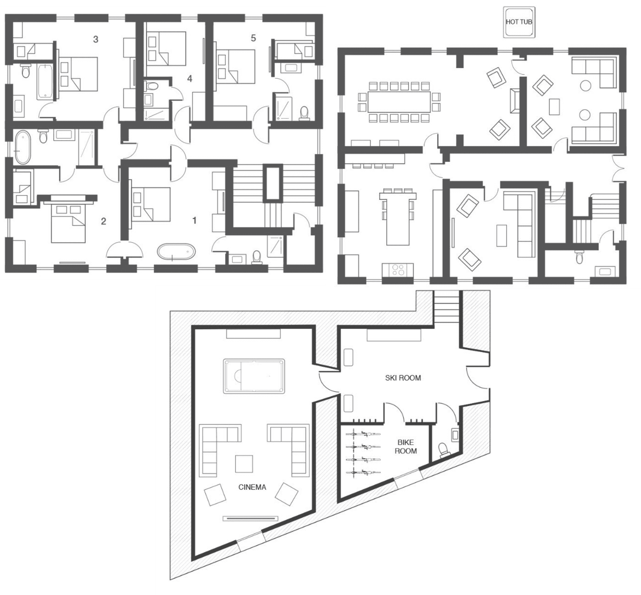 Floor plans for three levels including cinema, ski room, and five en-suite bedrooms