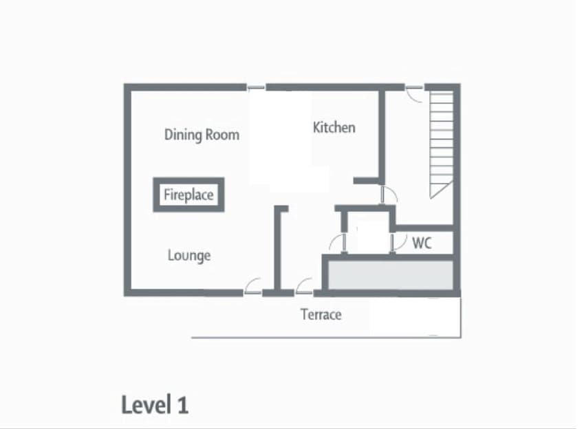 Level 1 floor plan: lounge with fireplace, dining room, kitchen, and terrace