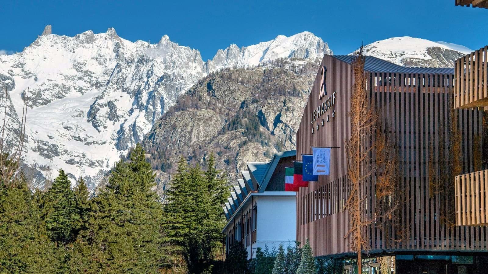 Hotel exterior with private balconies and Mont Blanc massif views