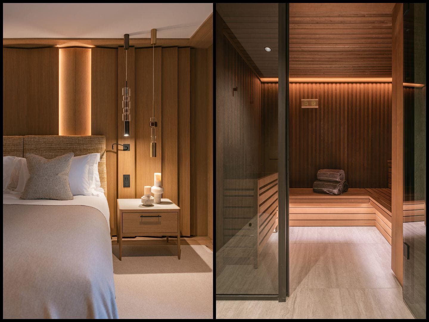 Primary bedroom with bedside integrated lighting and en-suite sauna
