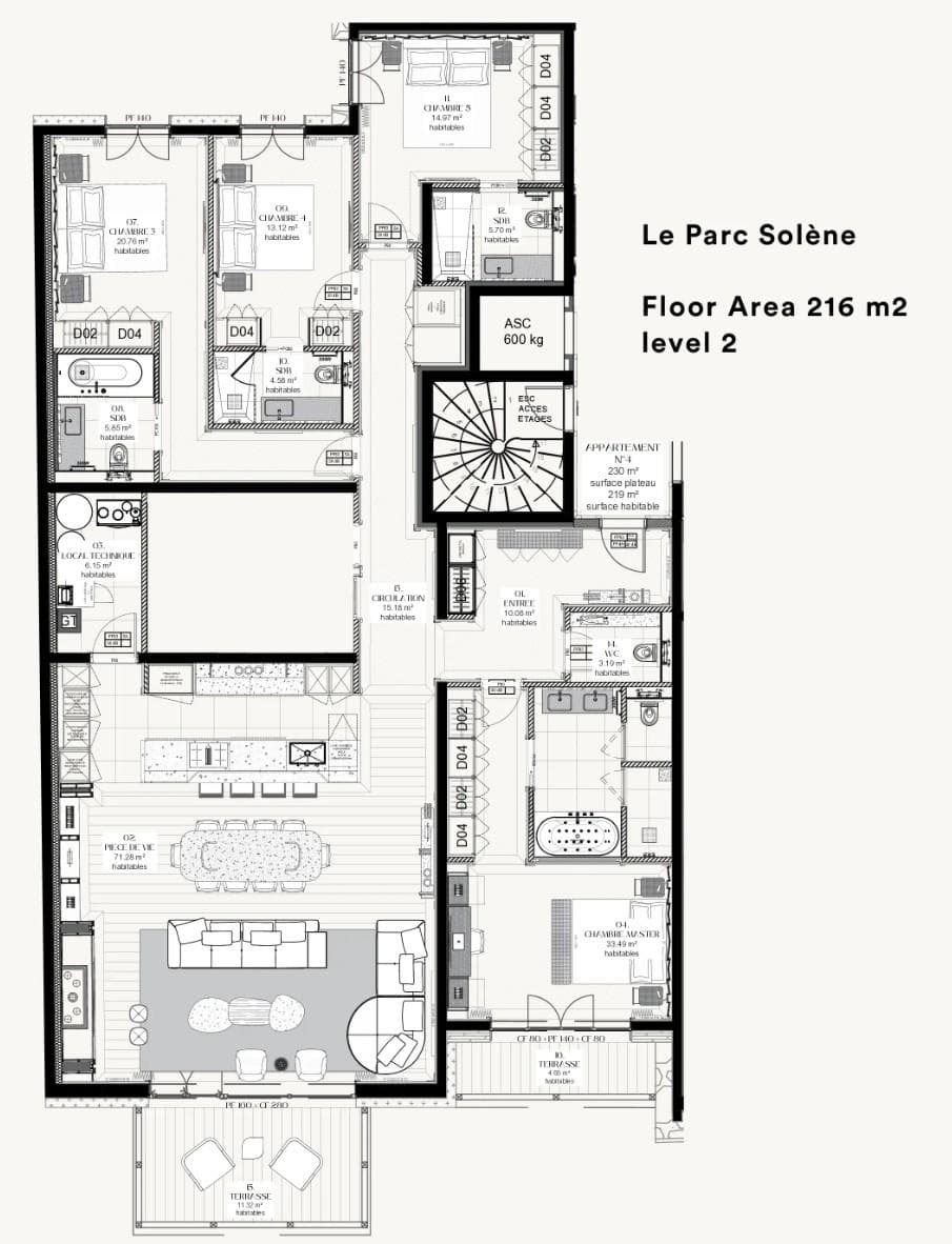 Second floor plan: four bedrooms, master suite with terrace, and open-plan living area