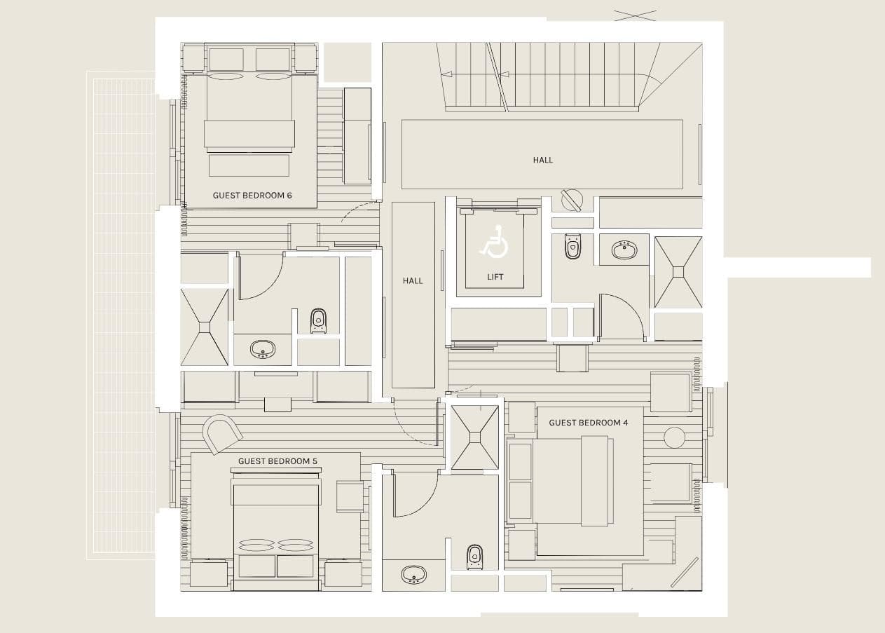 Floor plan: three guest bedrooms with ensuite bathrooms and accessible lift