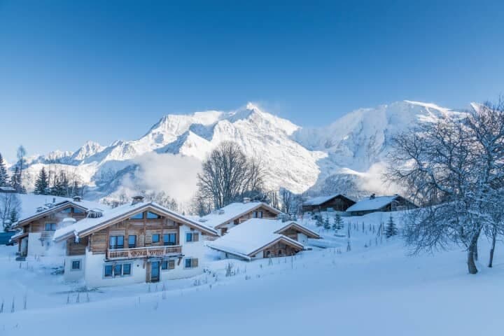Chalet exterior with private balcony and Mont Blanc mountain views