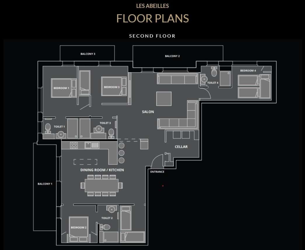 Second floor plan with four bedrooms, salon, and three private balconies