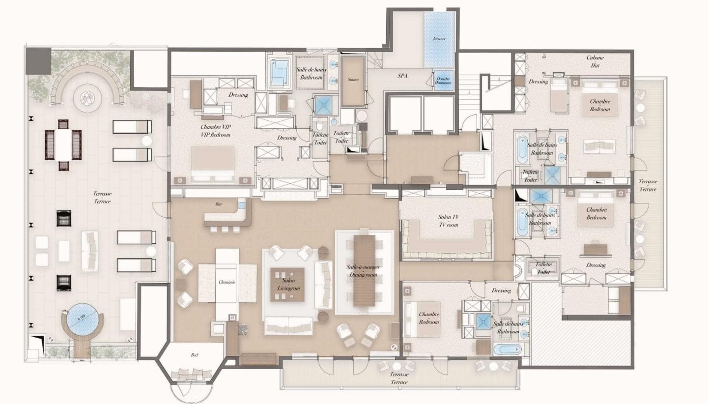 Floor plan: four bedrooms with en suites, spa area, and extensive wraparound terrace