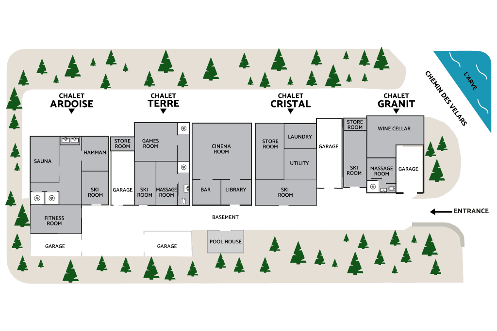 Basement level plan: garages, ski rooms, cinema, and wellness areas for four chalets