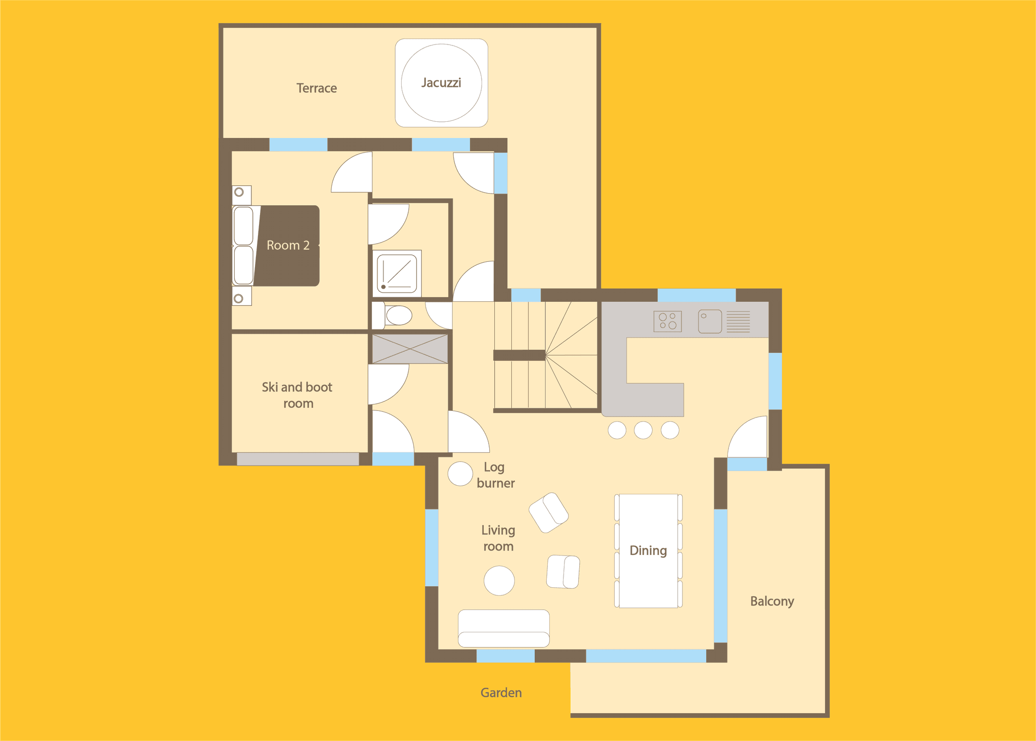 Ground floor plan: living room, dining, kitchen, ski storage, and garden access