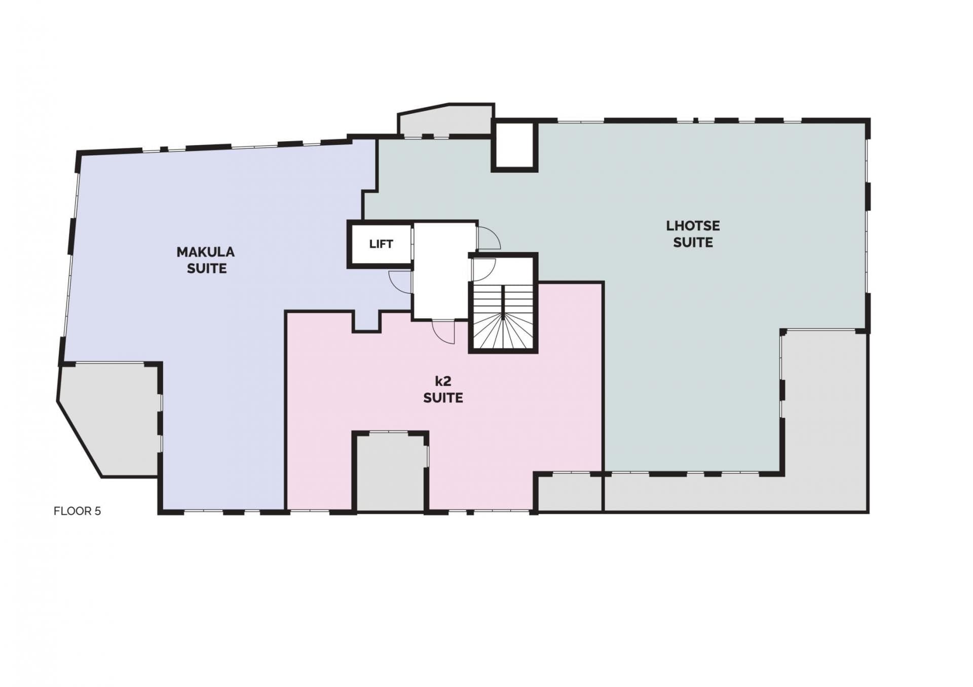 Floor 5 plan: Lhotse, Makula, and K2 suites with lift and stair access