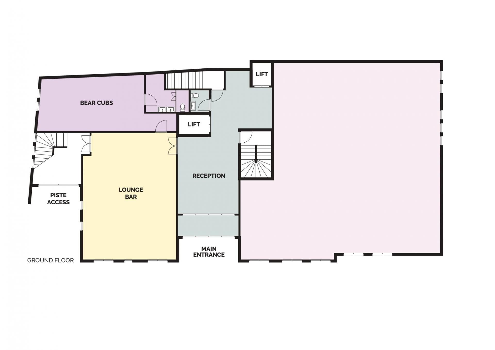 Ground floor plan: lounge bar, reception, lift access, and direct piste entry