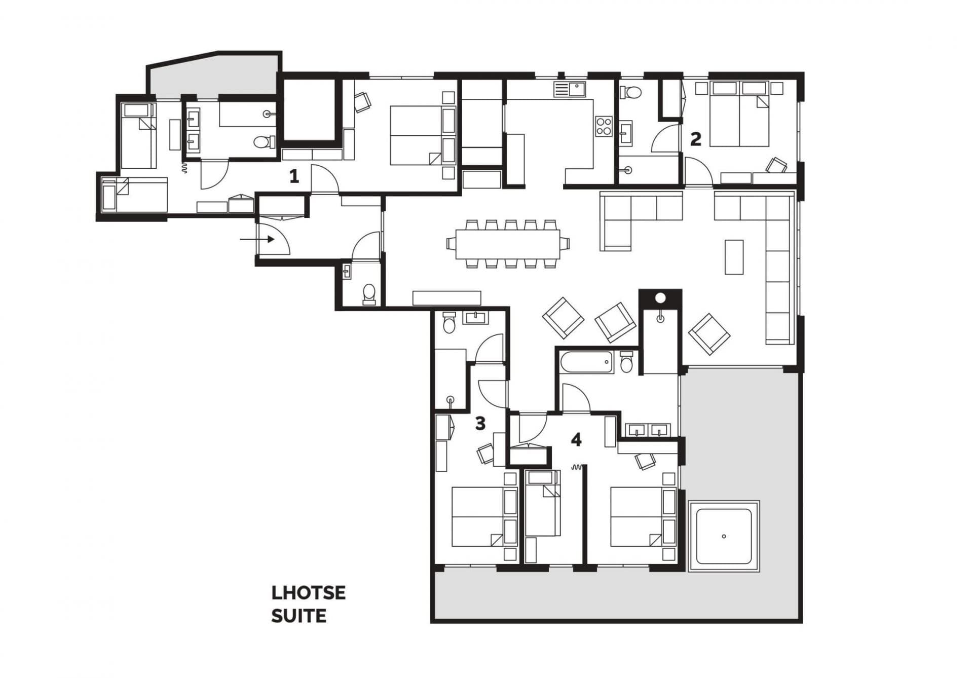 Lhotse Suite layout: 4 bedrooms, open-plan living, and terrace with hot tub
