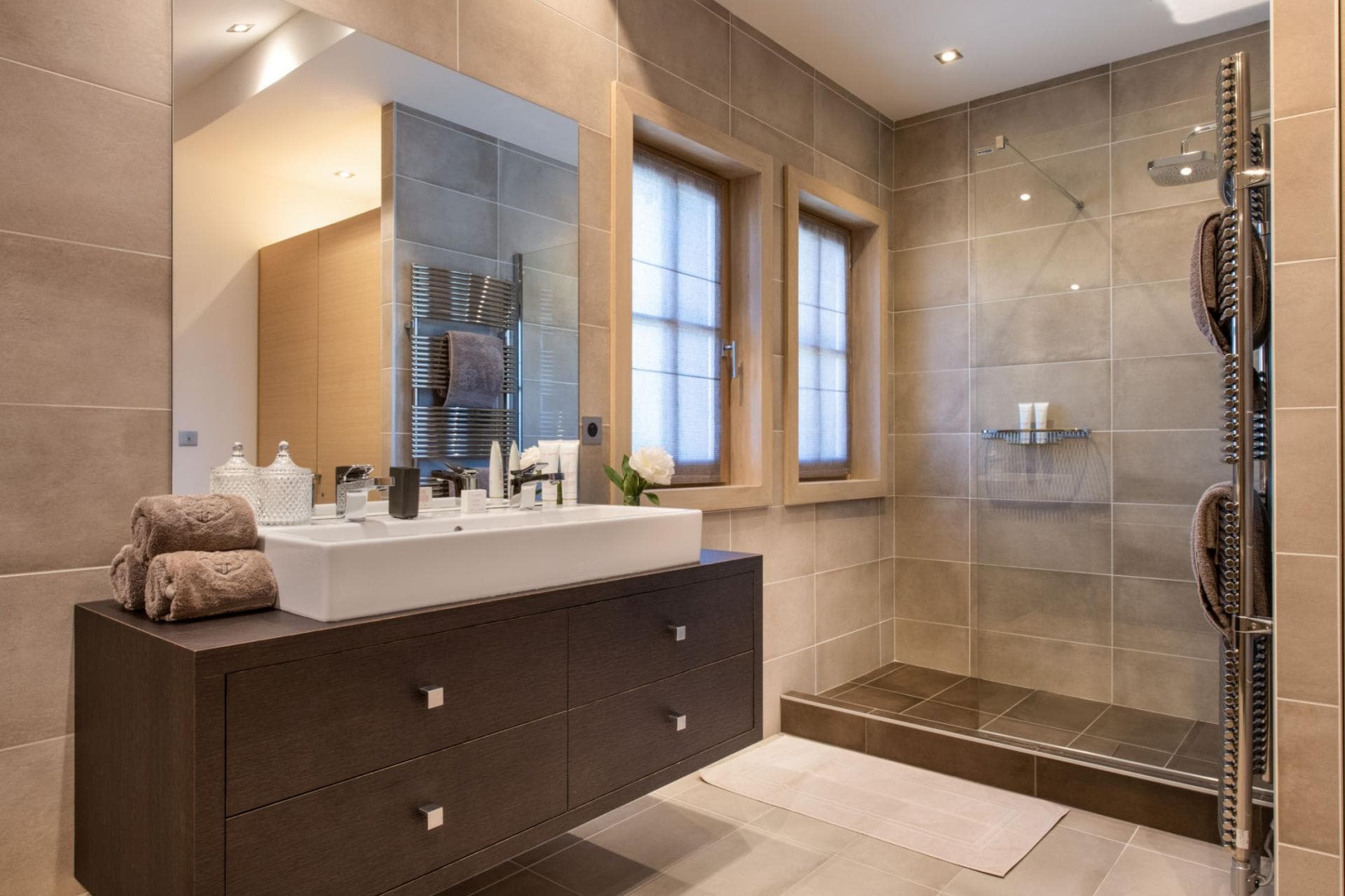 Bathroom with walk-in shower and heated towel rack