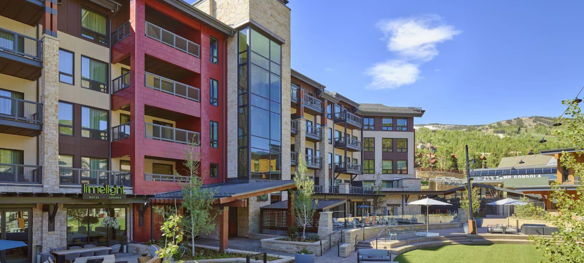 Limelight Hotel exterior with private balconies and proximity to Elk Camp Gondola