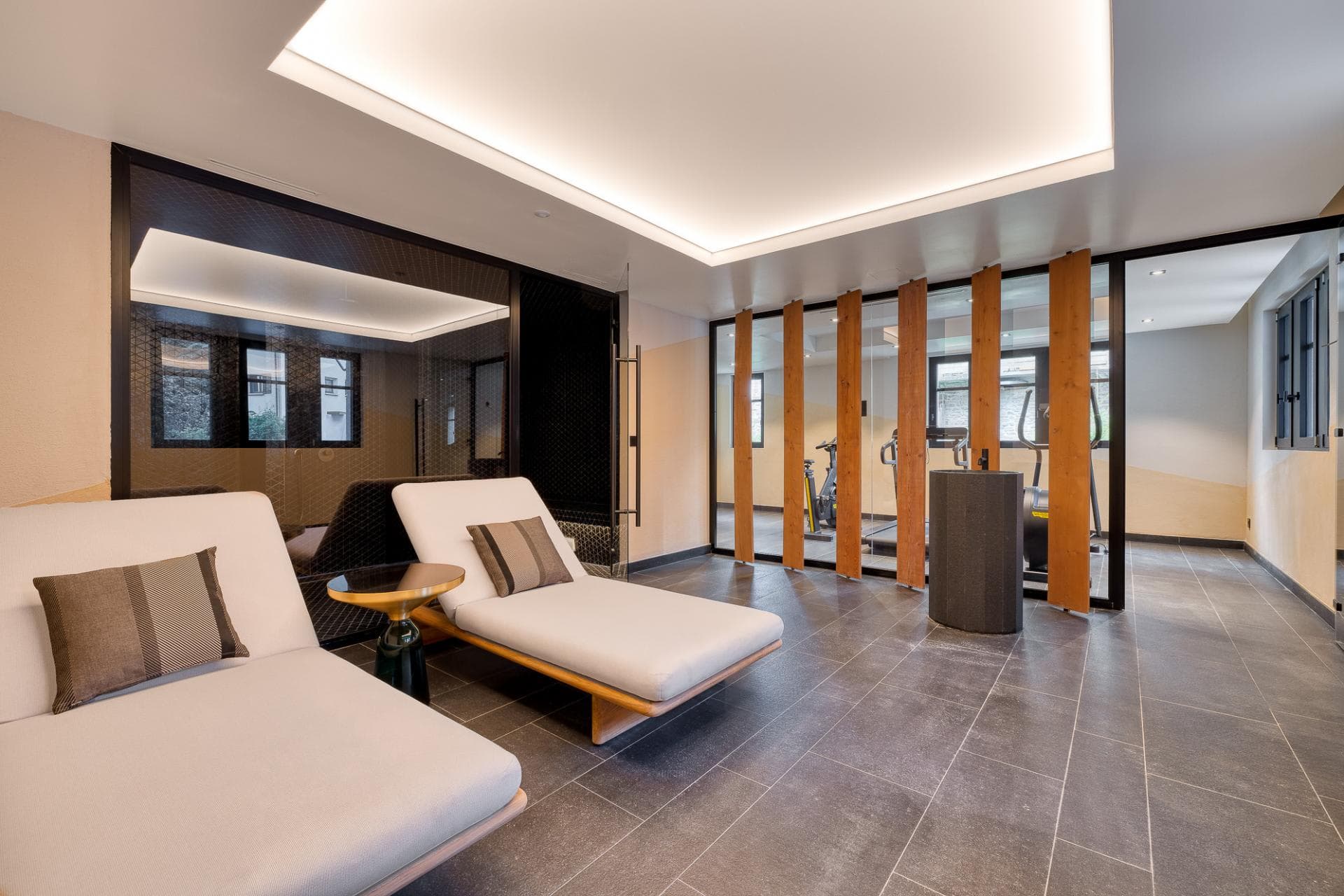 Wellness area featuring lounge chairs and glass-enclosed fitness room