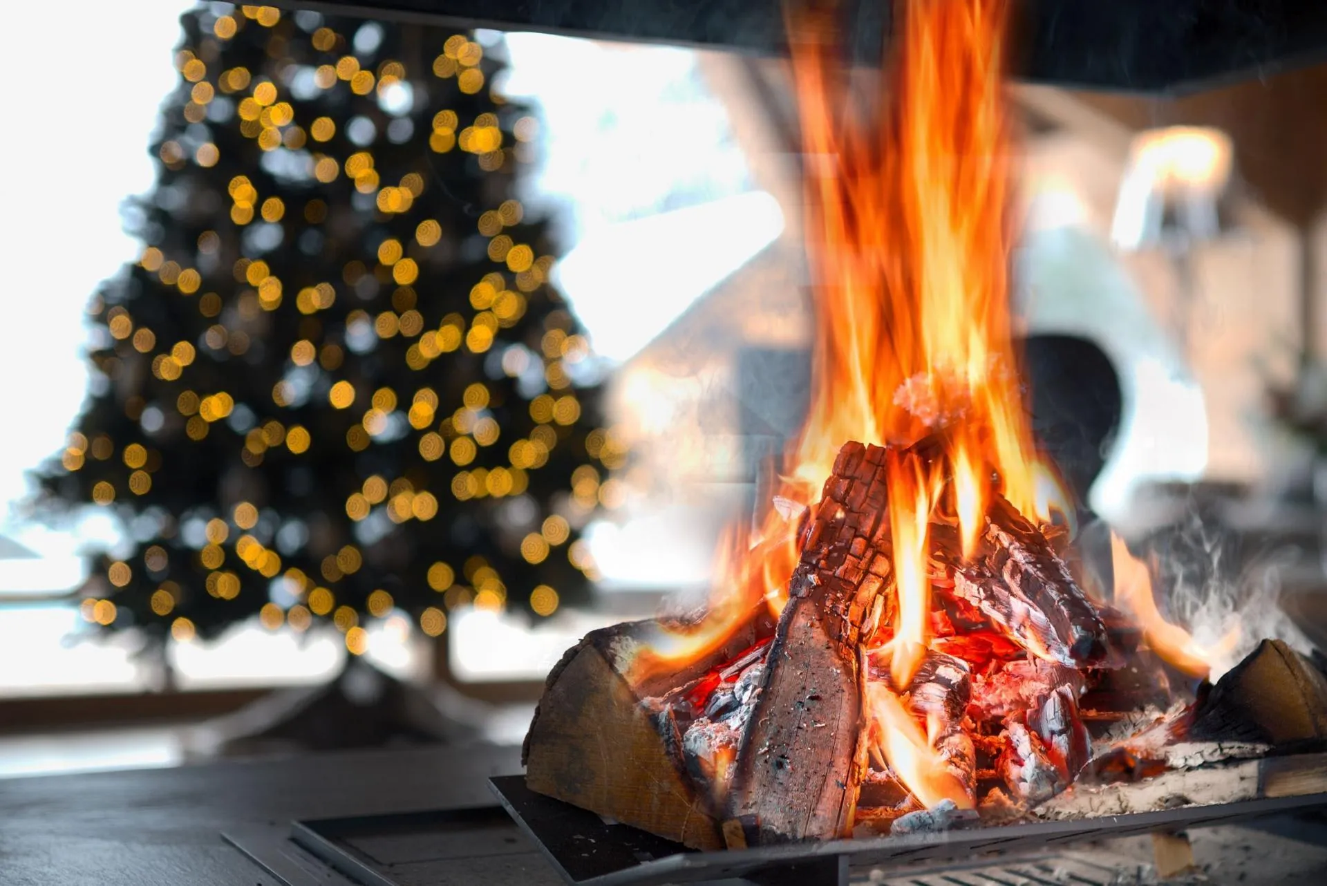 Wood-burning fireplace in living area with seasonal holiday decor