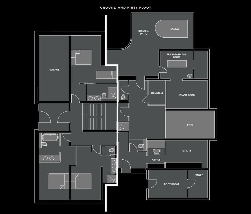 Ground floor plan: pool, sauna, hammam, boot room, and garage