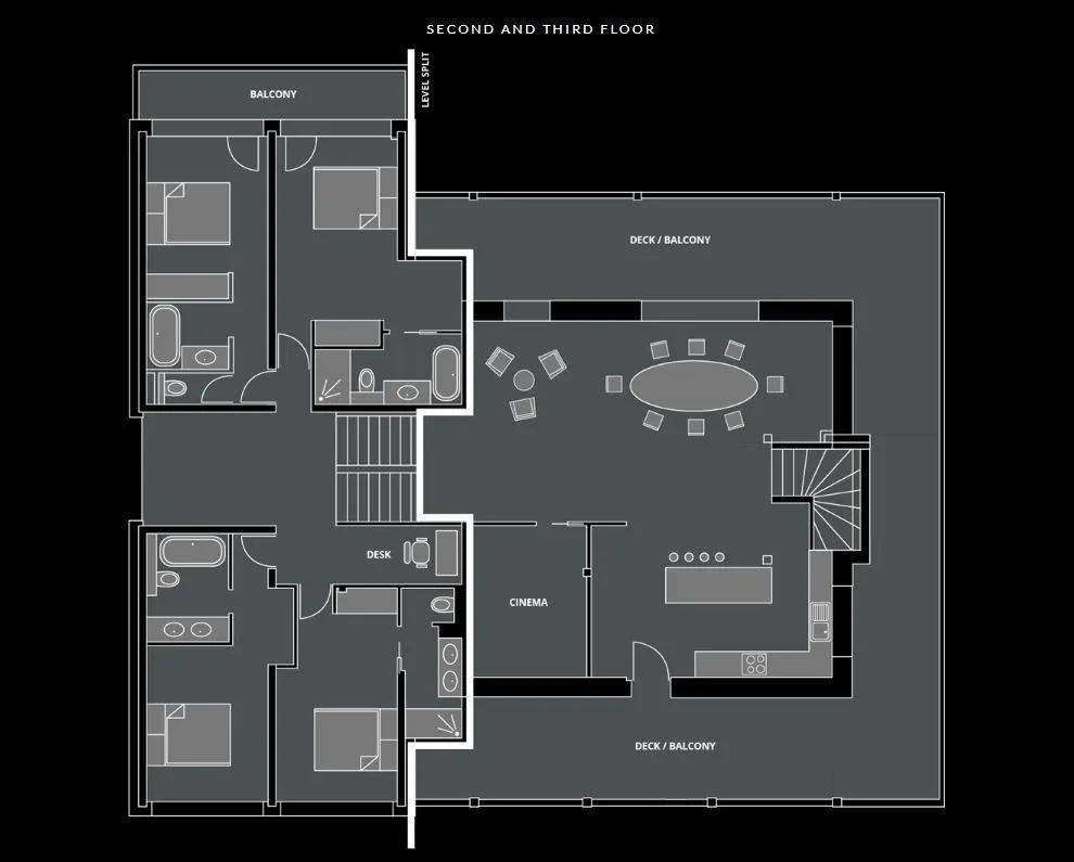 Second- and third-floor plan with four bedrooms, cinema, kitchen, dining area and wraparound balconies