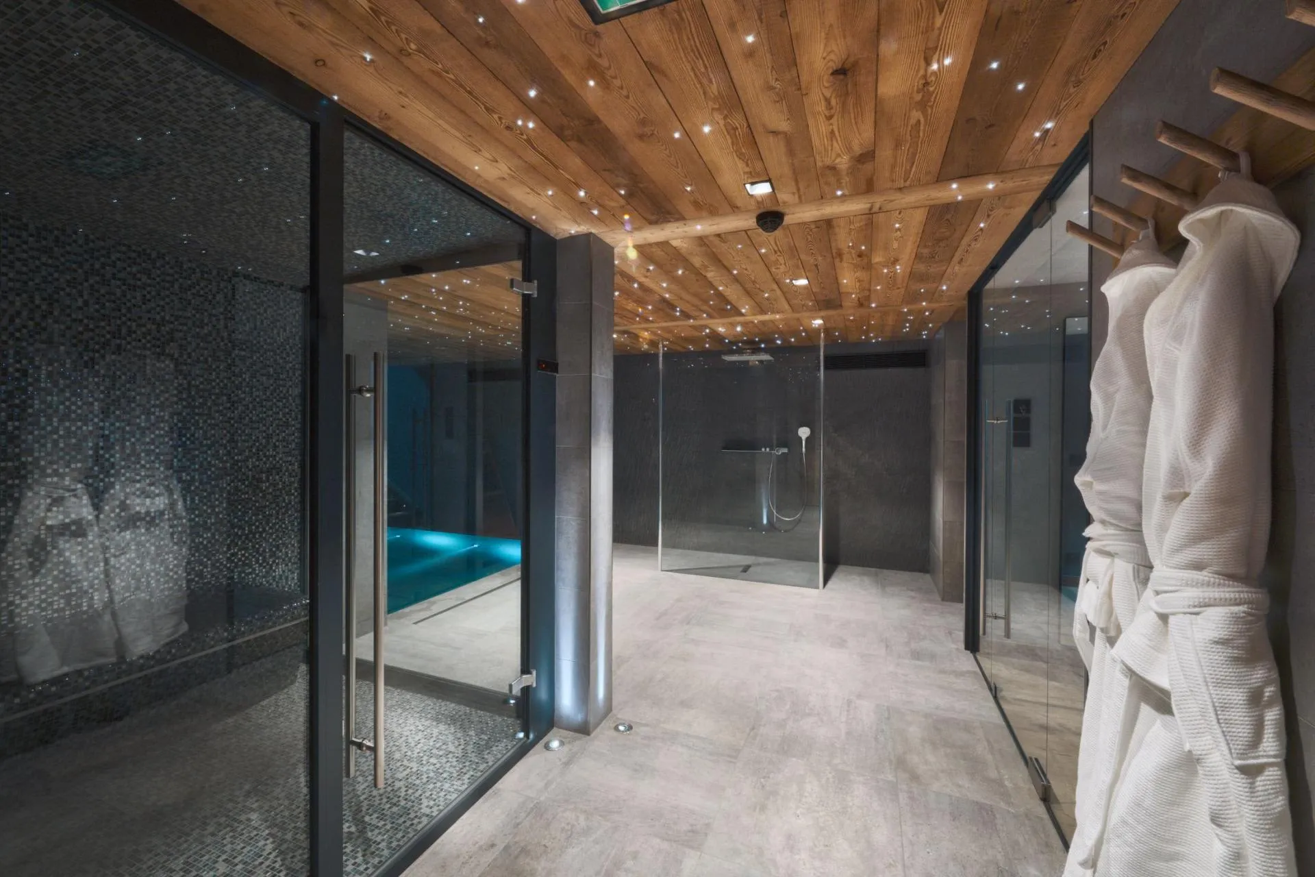 Spa area with steam room, walk-in shower, and fiber optic ceiling lighting