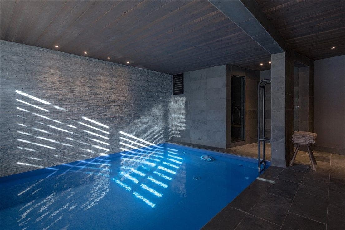 Indoor pool with stone walls and adjacent glass-enclosed shower