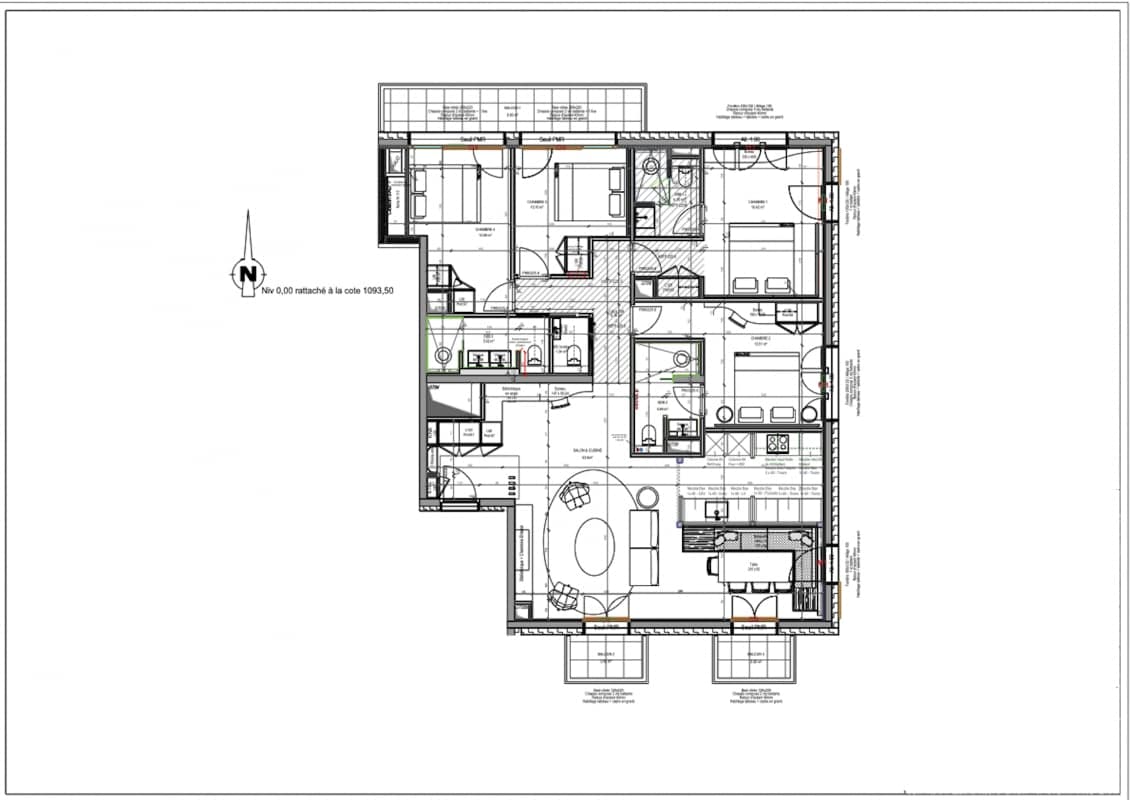 Ground floor layout: four bedrooms, multiple bathrooms, and open-plan living and kitchen areas