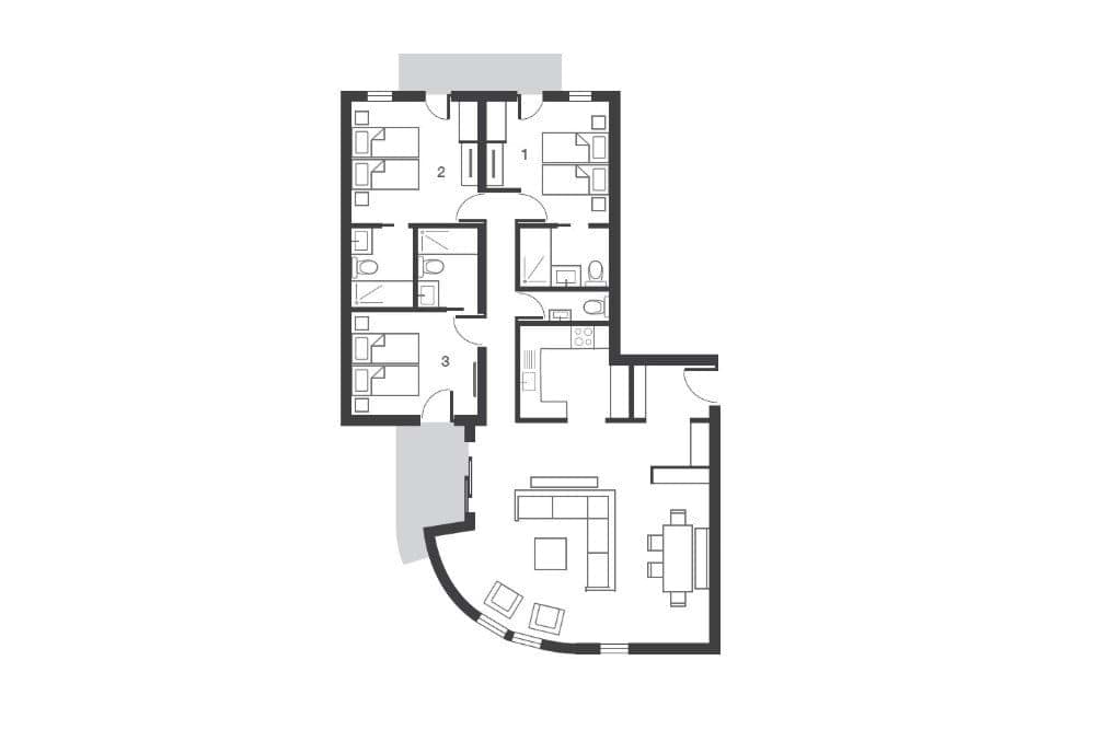 Three-bedroom floor plan with six twin beds and two bathrooms