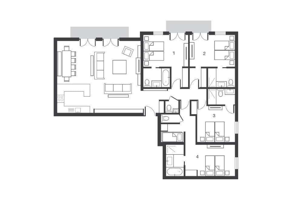 Floor plan: open-plan living area, four bedrooms, and three full bathrooms