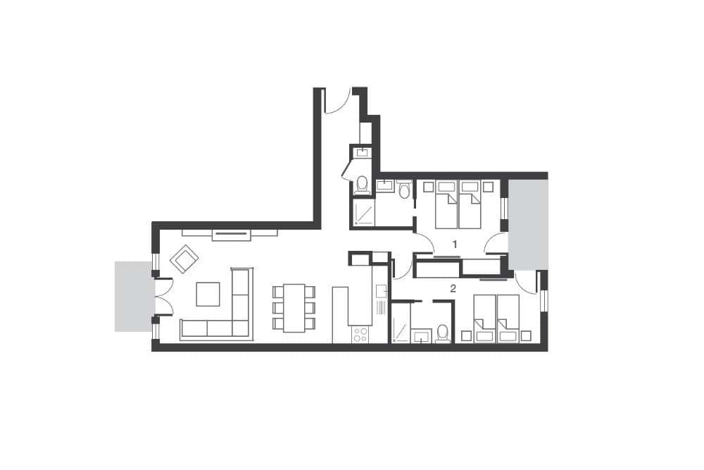 Floor plan: open-plan living, two en suite bedrooms, and two private balconies