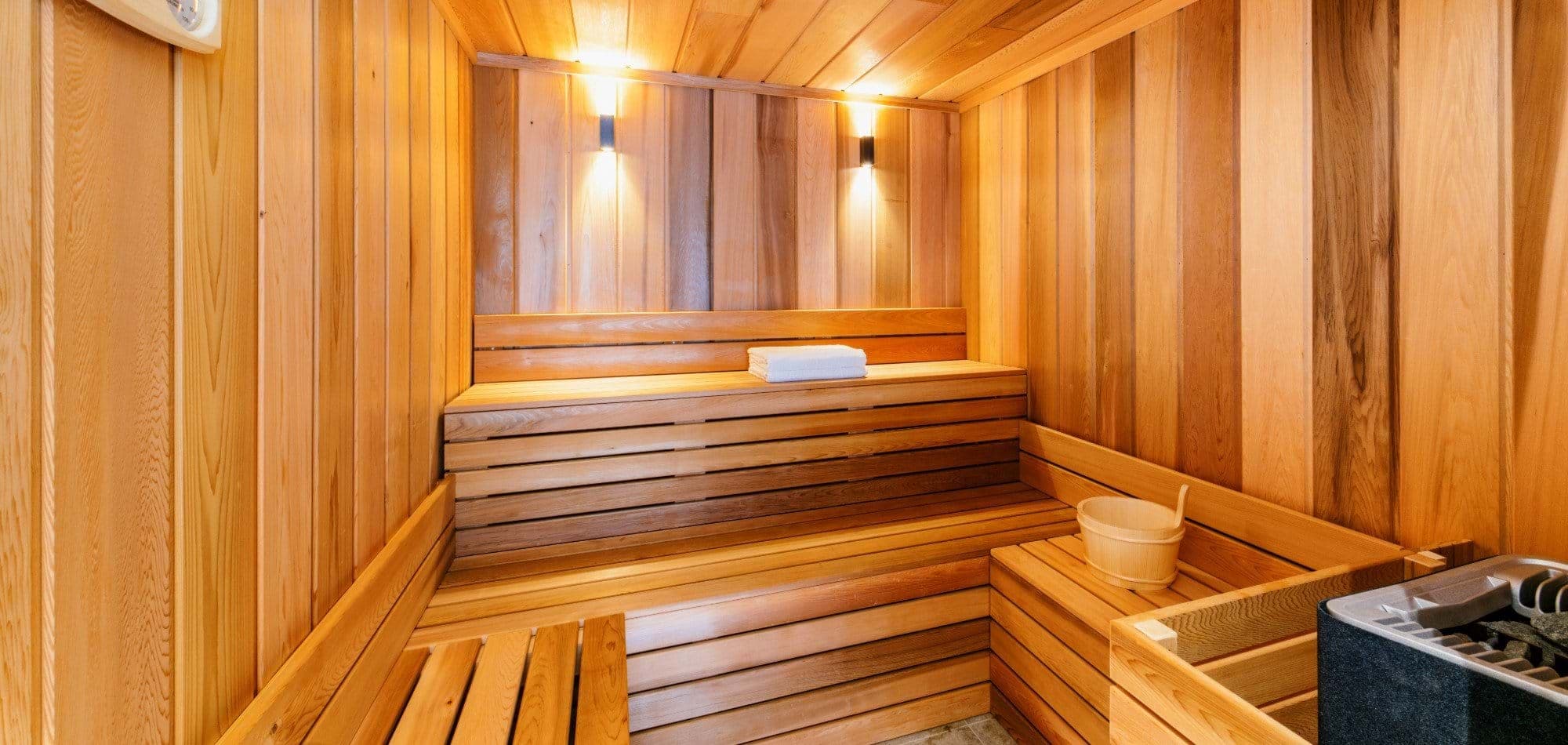 Cedar dry sauna with tiered seating for 4 people